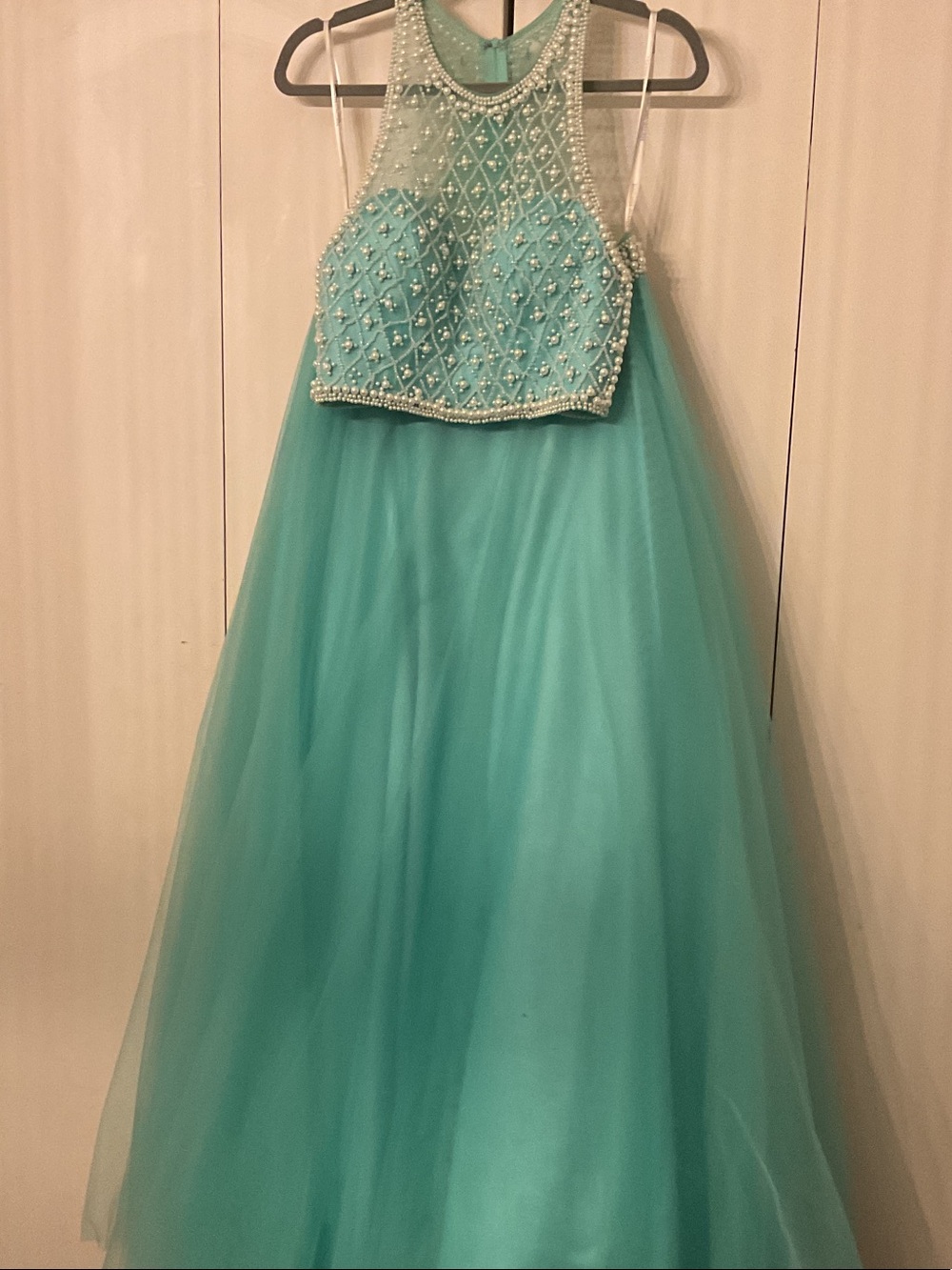 Rachel Allan Teal Pearl-Beaded Tulle Gown